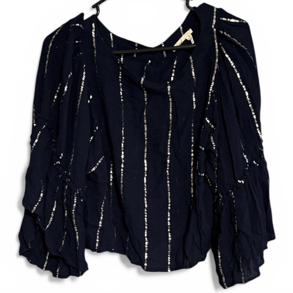 Anthropologie Navy Blouse with Silver Sequin Stripes - Picture 2 of 7